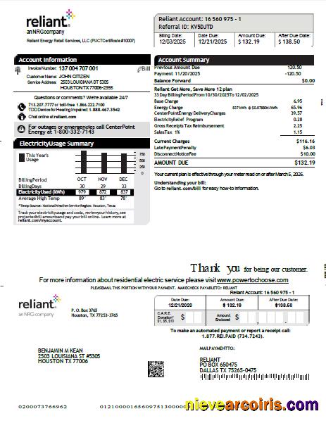 USA Reliant Energy utility bill, version 2